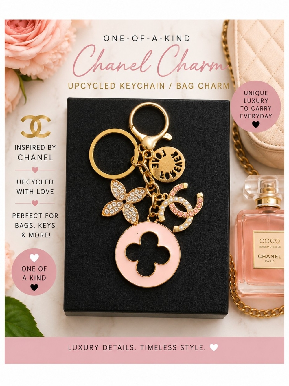 Gold and Pink Upcycled Chanel Bag Charm Keychain